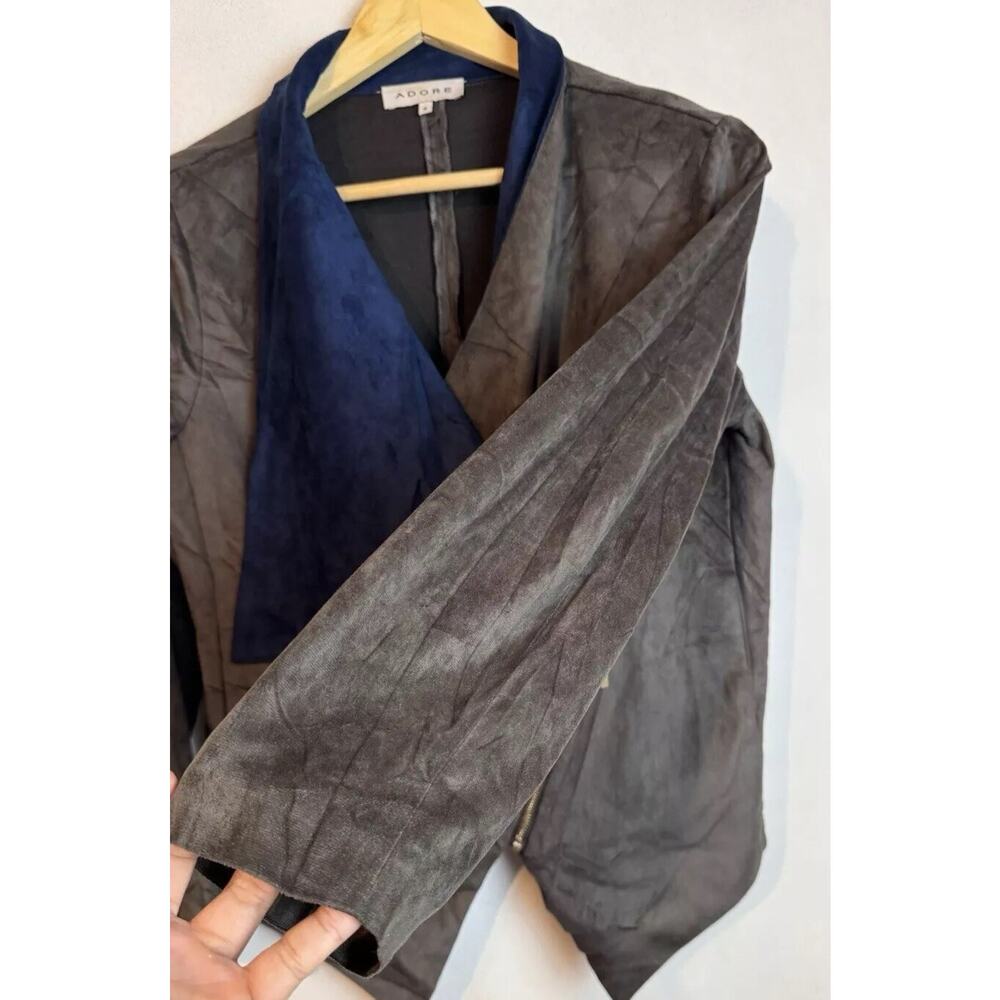 Adore Blue Gray Velvet Draped Asymmetric Zip Hi-Lo Hem Moto Jacket Small - Picture 7 of 11